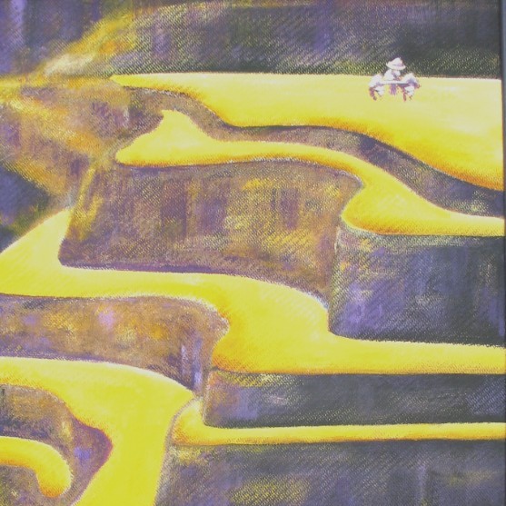 Acrylbild mit abstrahierten Reisterrassen und einem Säämann